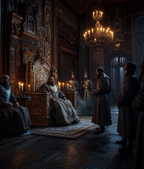 late 16th-century Russian palace interior, heavy tapestries and dark wood paneling, Tsar Ivan IV sea
