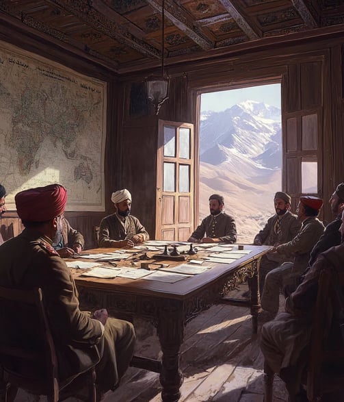 British and Afghan negotiators inside a colonial outpost near the Hindu Kush