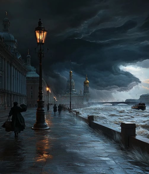 Late afternoon, November 1824, dark storm clouds swirling ominously above St. Petersburg
