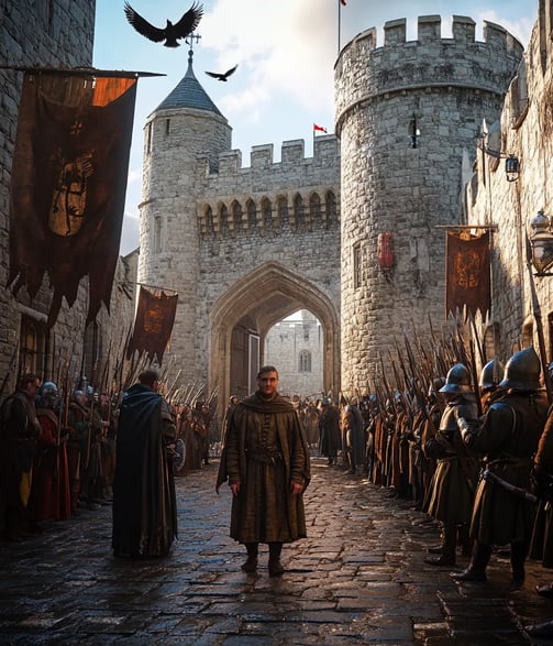 Perkin Warbeck in Tower of London under guard before execution, 1499 political drama.