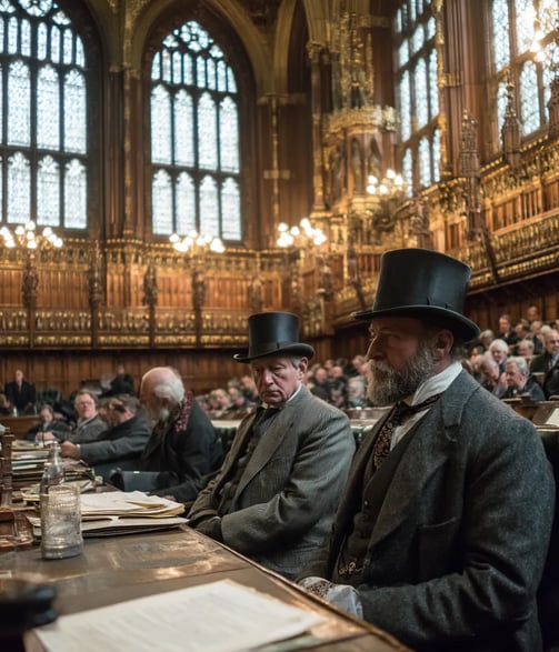 Palace of Westminster’s ornate chamber in 1870, MPs in frock coats and top hats debate