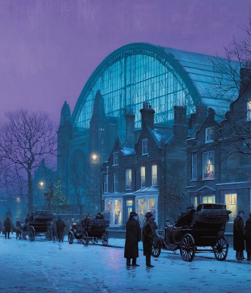 dusk sky over Sydenham Hill: the vast glass-and-iron span of Crystal Palace glows