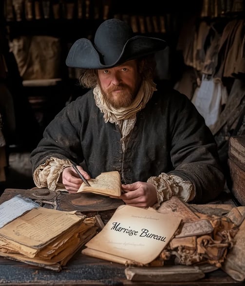 "Marriage Bureau." Inside, Henry Robinson, dressed in modest 17th-century attire, sits at a wooden d