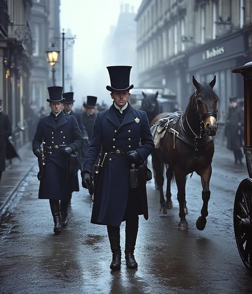 The First Policemen on Patrol on the bustling streets of London in 1829