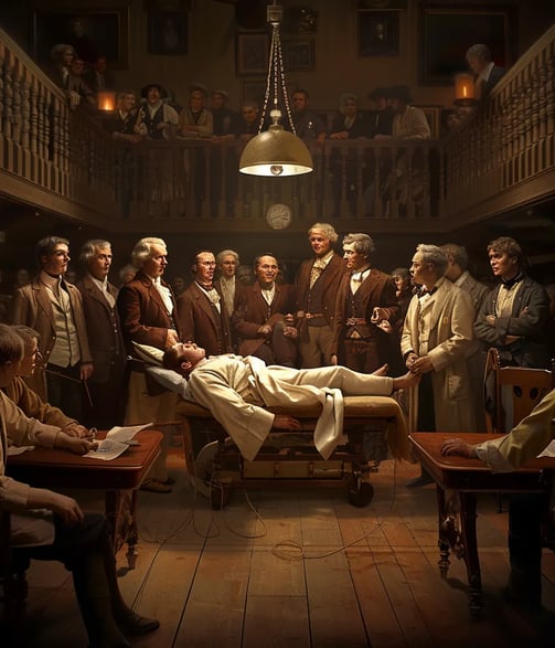 dimly lit medical theatre where Dr. Joseph Carpue performs groundbreaking plastic surgery