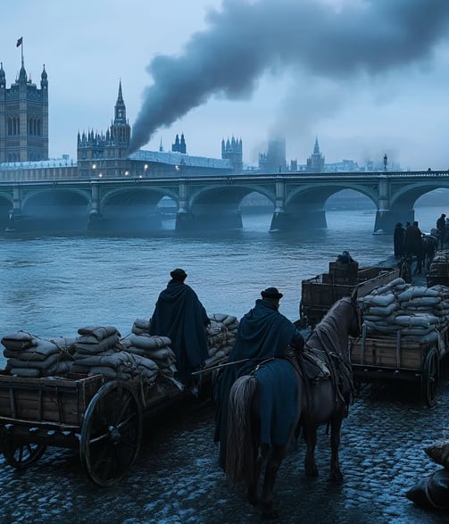 Londoners observe early frost on River Thames, boats, carts, chimneys.
