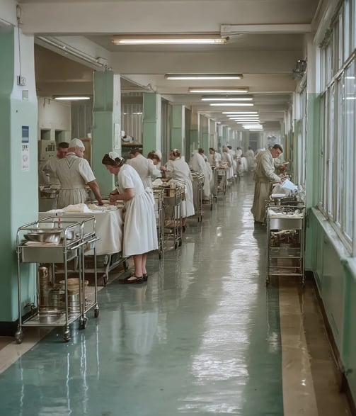 nurses in starched white caps and powder-blue uniforms set out metal trolleys