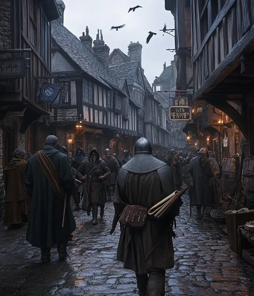 medieval London street, 1278, dusk light filtering through timber-framed buildings