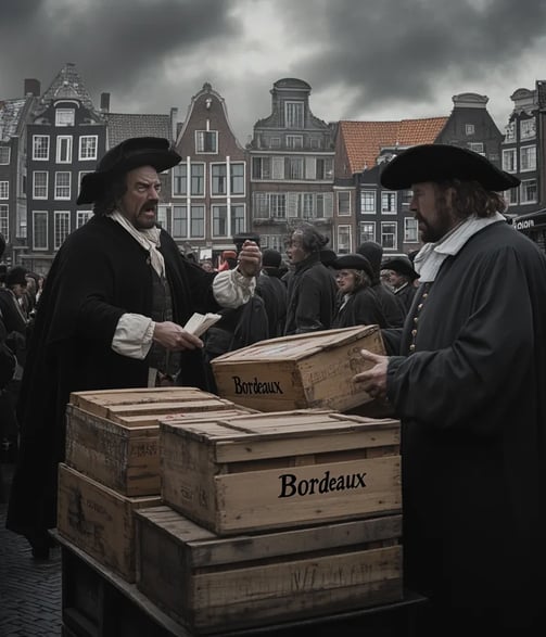 Merchants in Uproar: In a bustling Amsterdam marketplace, Dutch wine merchants argue heatedly
