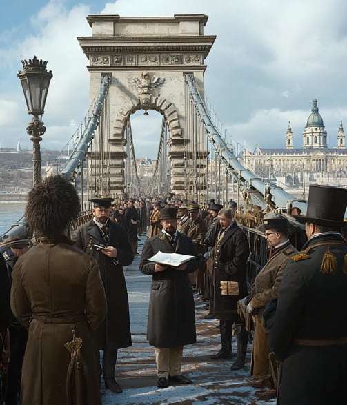 midday over the Chain Bridge connecting Buda and Pest, 19th-century Hungarian officials in formal