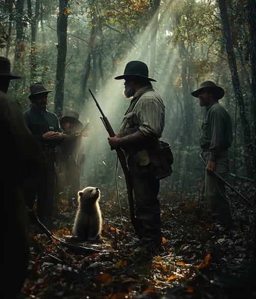 Mississippi wilderness, Theodore Roosevelt standing beside a small bear cub tied