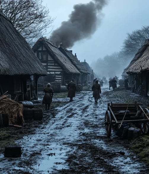 misty November morning in a small English village, timber-framed huts with thatched roofs