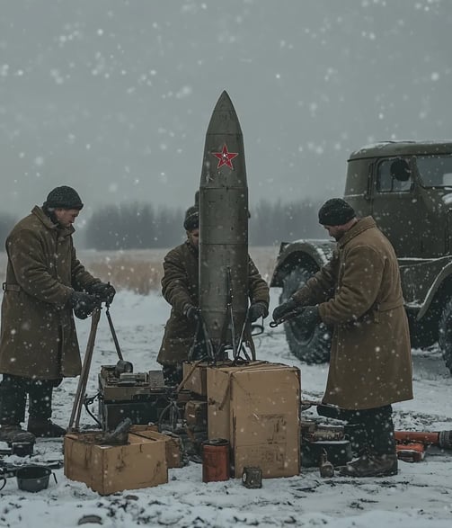 Engineers prepare Soviet rocket on snowy Moscow field in 1933.