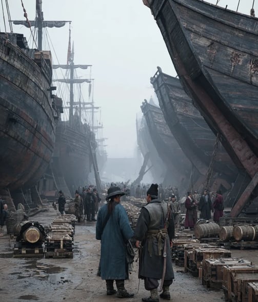 Nanjing Shipyard, China, July 11 1405: Armada Assembly at dawn.