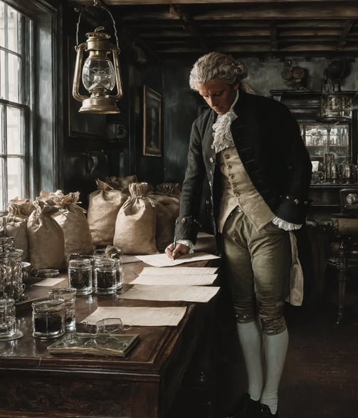Financier in dark wool frock coat, white linen cravat, knee breeches consulting brass-bound ledger.