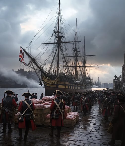 British troops prepare to leave New York City harbor in 1783.