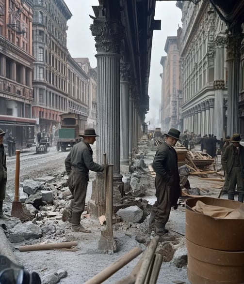 mid-November 1910 Manhattan, stonemasons polish marble-faced columns