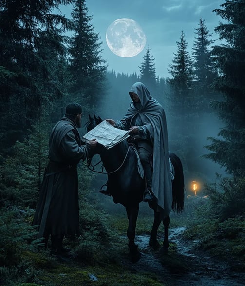 Charles XII prepares to escape Ottoman exile by horseback under moonlit forest
