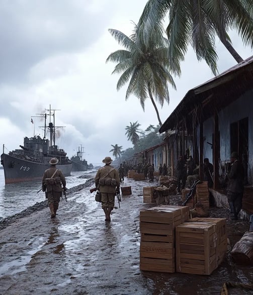 Overcast afternoon, 1909, Nicaraguan port city coastline, U.S. Navy gunboats anchored offshore
