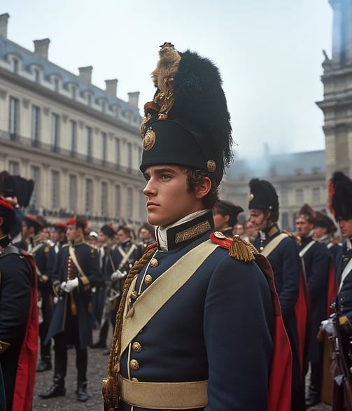 Napoleon Bonaparte, a 16-year-old cadet, standing in the courtyard of the prestigious École Militair