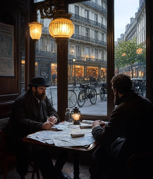 Parisian café interior, 1902, journalist Geo Lefevre and Henri Desgrange seated at a small table