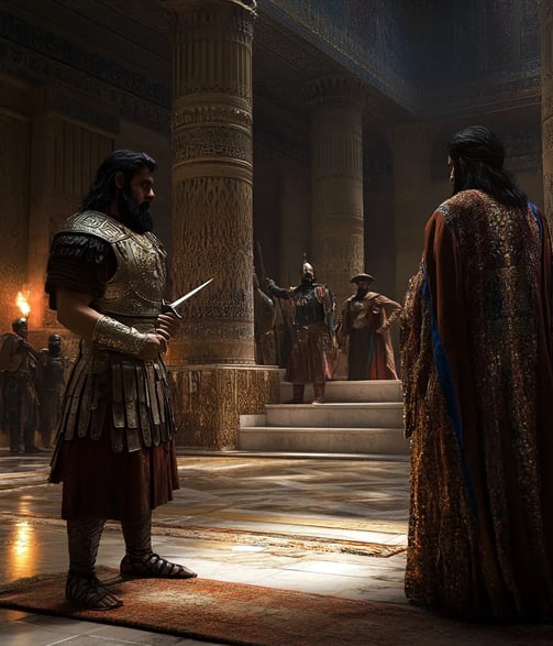 the grand halls of a Persian palace, where Darius I confronts the Magian usurper Gaumâta