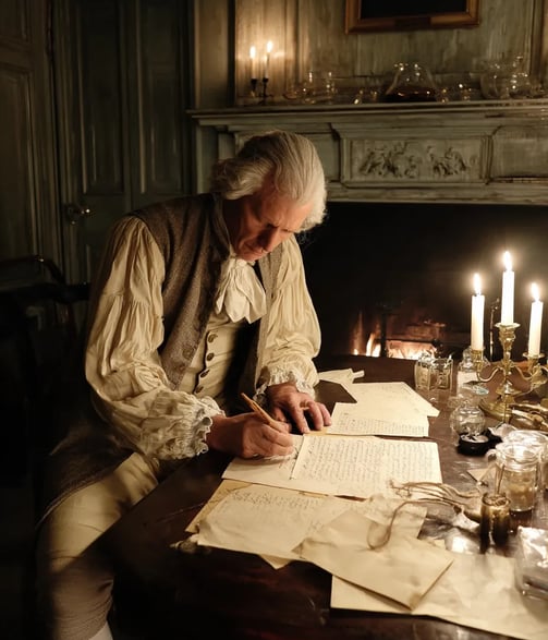 By candlelight in a colonial Philadelphia study in 1775, Dr. James Jay