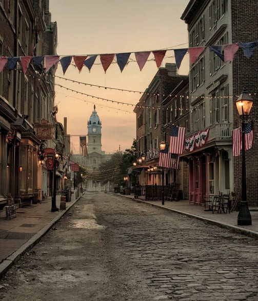 Early dawn on Market Street: carpenters erect a wooden bandstand draped in crimson and blue bunting