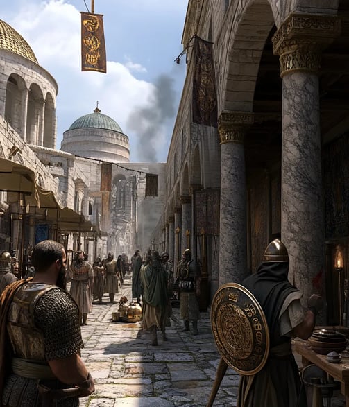 380 Constantinople street preparations for Emperor Theodosius' adventus, Roman crowds, Chi Rho banne