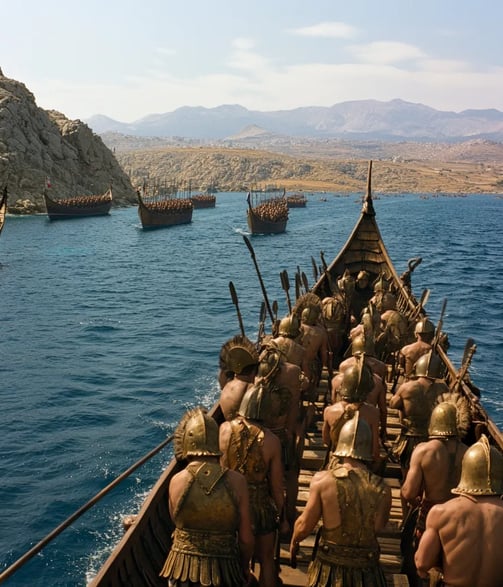 narrow waters of the Salamis Strait, with the Greek triremes, their sharp bronze rams glinting in th
