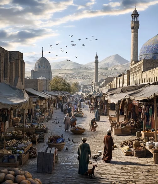 Shamakhi 1667 morning market before earthquake with mosques and merchants.