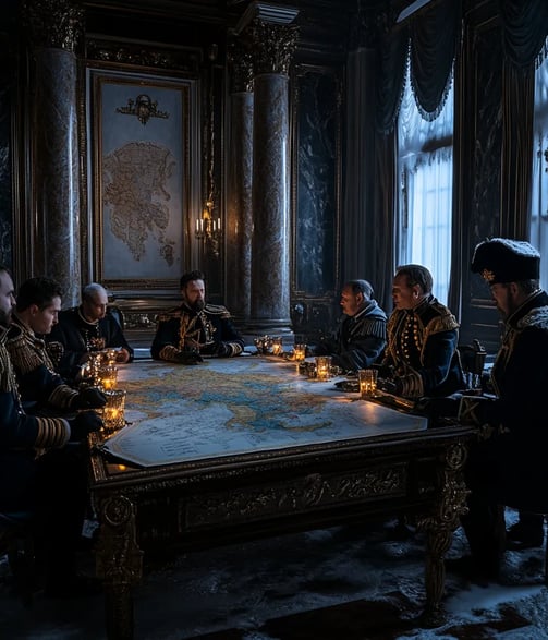 Snow swirling outside the grand Winter Palace in Saint Petersburg, Tsar Alexander I in rich imperial