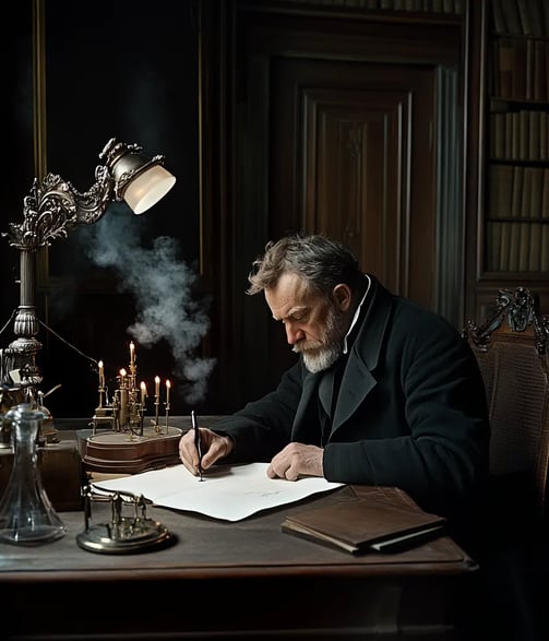 Alfred Nobel sits at a mahogany writing desk, his quivering hand sealing the parchment will