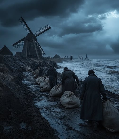 stormy dusk along the Dutch coastline, villagers in heavy wool cloaks stacking sandbags