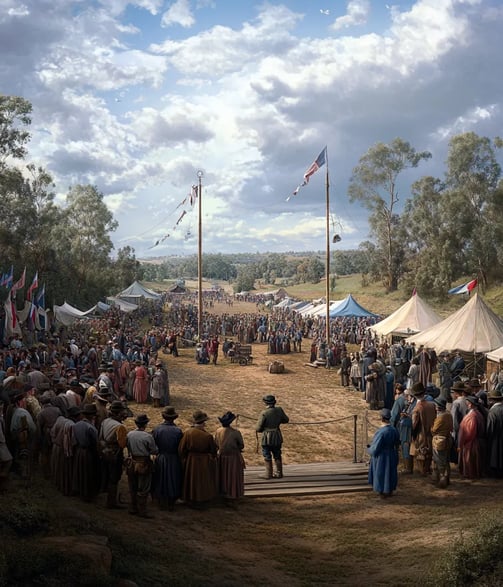 Sunny spring afternoon, 1837, open field in Melbourne, large crowd of men, women, and children