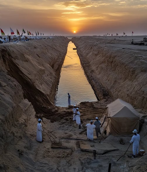 sunrise over the northeastern Egyptian coast, engineers and Egyptian workers setting up flags