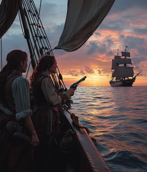 sunset on Caribbean waters, pirate sloop “Revenge” drifting near the Jamaican coast