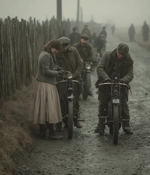 Early morning mist on a muddy Surrey country road in 1897, leather-clad riders adjust goggle