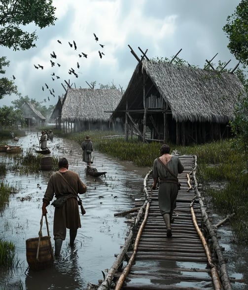 tropical lowland near southern Cuba, 1519, early Spanish settlement surrounded by marshland and dens