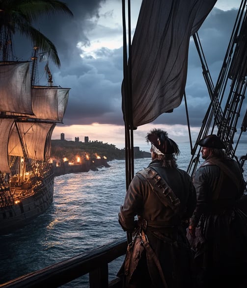 English fleet approaches San Juan during failed naval expedition by Drake and Hawkins in 1595.