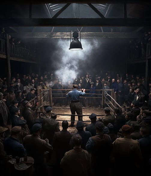 underground 1880s boxing ring crowded with rowdy spectators in waistcoats and bowler hats, cigar smo