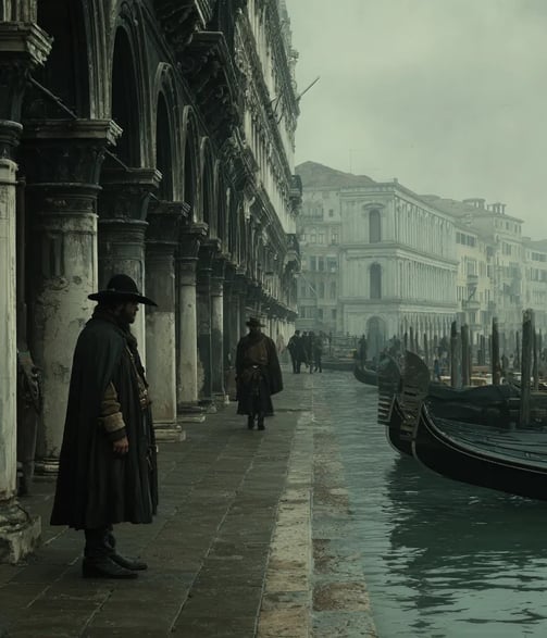 A Venetian physician in a black cloak and wide-brimmed hat observes