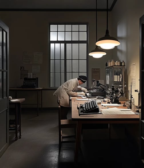 1932 FBI lab opens, examiner arranges tools, radios, microscope.