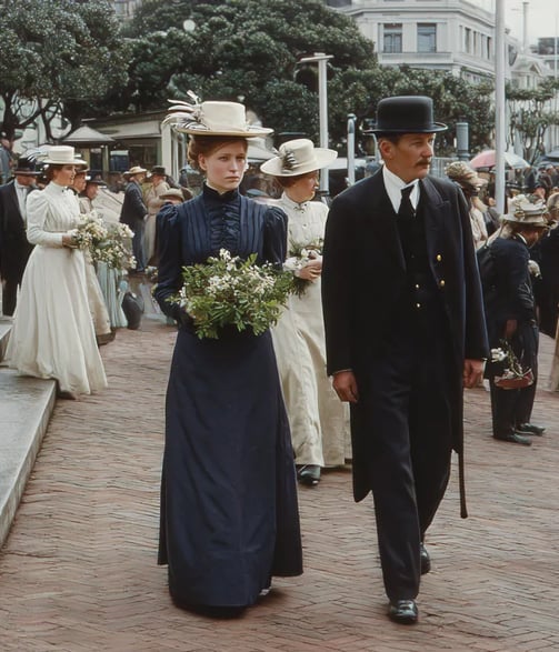 Early spring morning outside Parliament House, women in navy blue and cream Edwardian dresses clutch