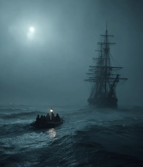 Medusa’s fractured bow and broken mizzenmast protrude from tumultuous waves under a storm-swept sky