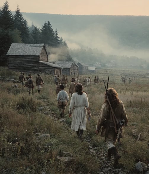 Pale dawn light on rolling farmland dotted with log cabins and smoke-wreathed barns