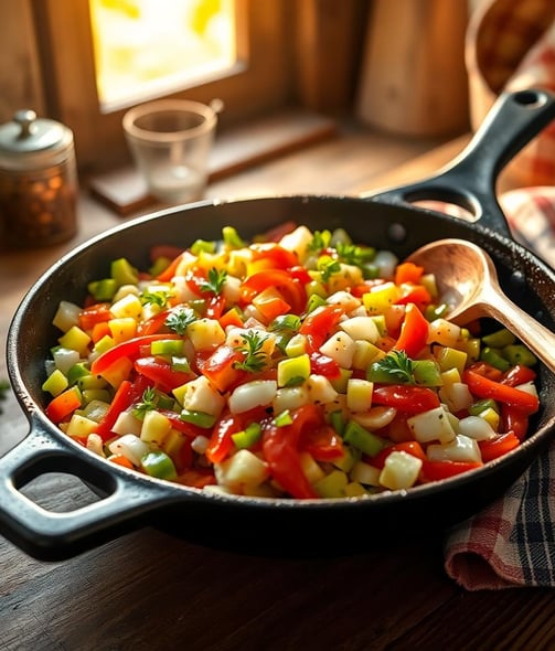 sauteed celery, onions and bellpeppers in a iron skillet