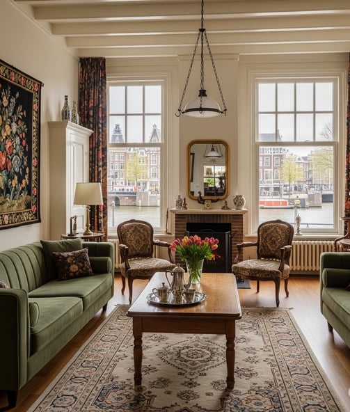 Canal view from a modern apartment for rent in Amsterdam center, relocation services