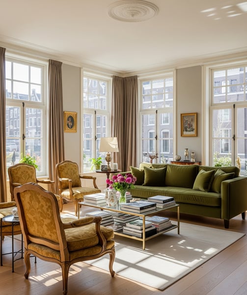 Luxurious living room in an Amsterdam apartment on the Keizersgracht, for expatriation
