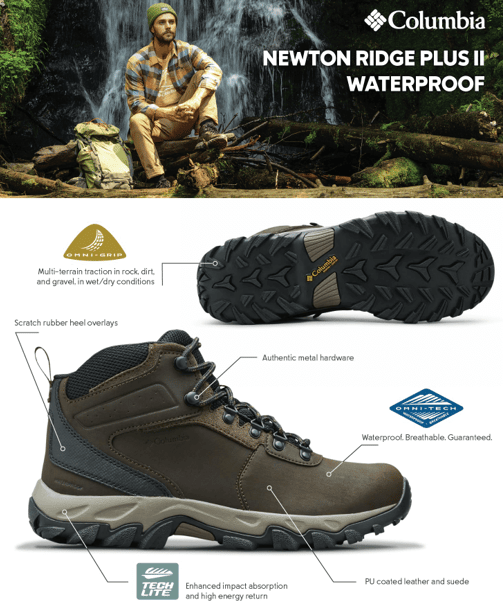 Columbia Newton Ridge Plus II waterproof hiking boots on a rocky trail, emphasizing their waterproof